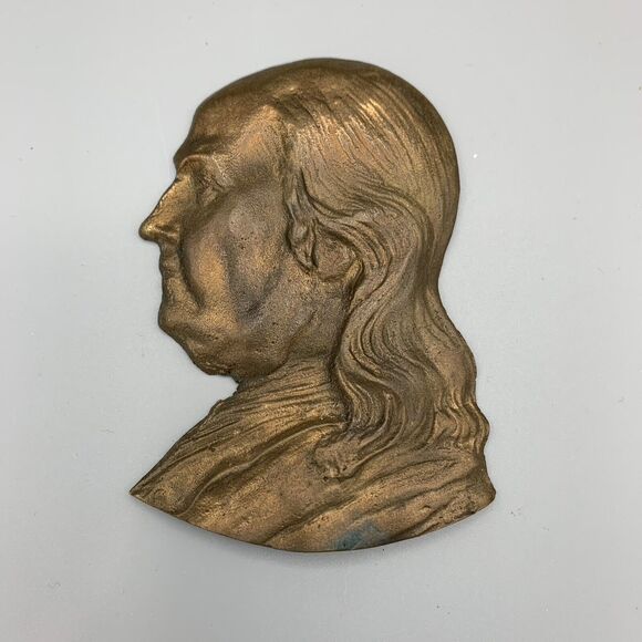 Vtg Benjamin Franklin Solid Cast Bronze Profile Left Facing Head MCM Art Deco - Picture 1 of 5